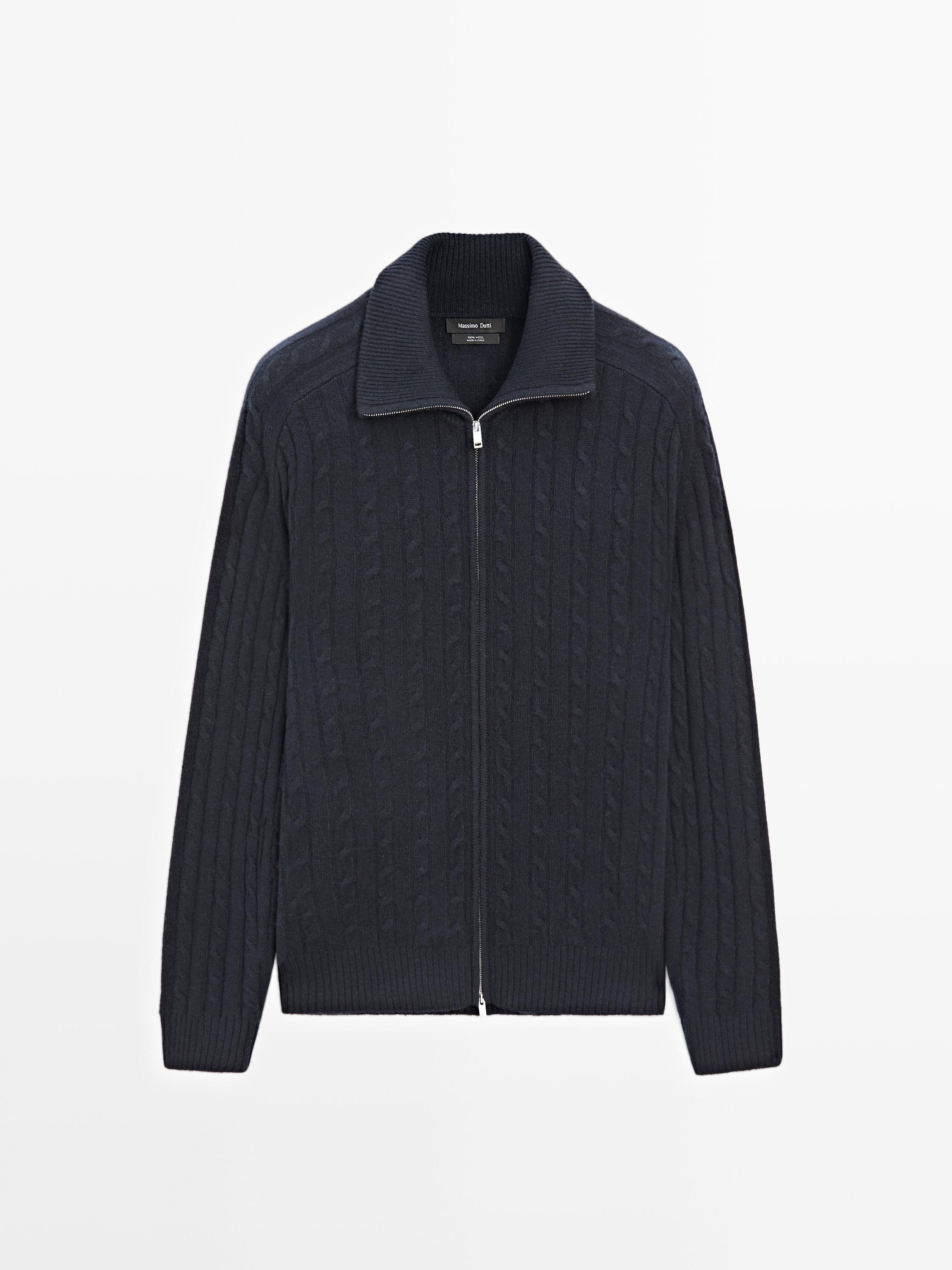 100% wool cable-knit zip-up cardigan